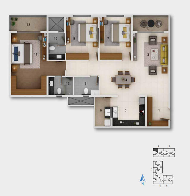 3 BHK Block A Floor Plan