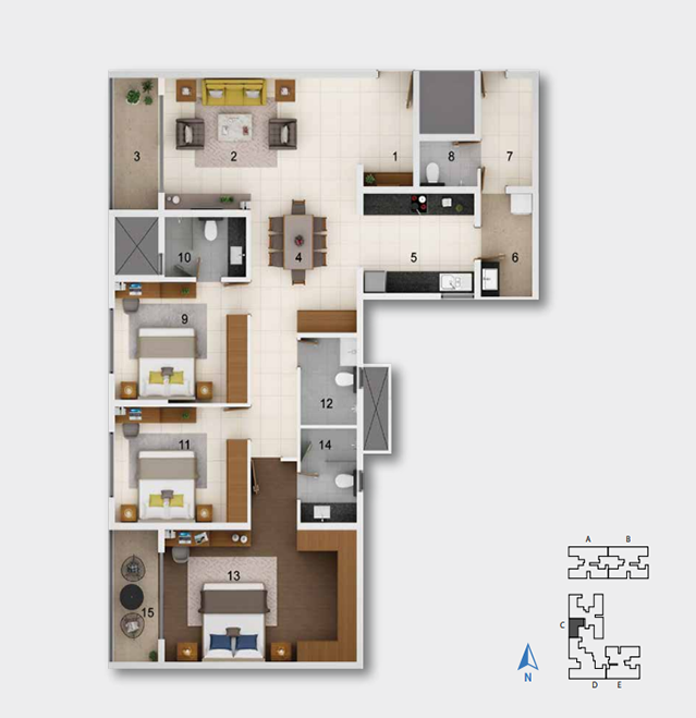 3 BHK + Staff Block C Floor Plan