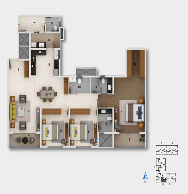 3 BHK + Staff Block D Floor Plan